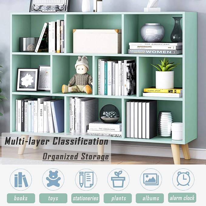 IOTXY Wooden Open Shelf Bookcase - 3-Tier Bookshelf with Leg, Tiffany-Green | Nordic Minimalist Style, MDF Material, Raised Solid Wood Legs, 10 Storage Cubes Display, Floor-Standing Cabinet Organizer