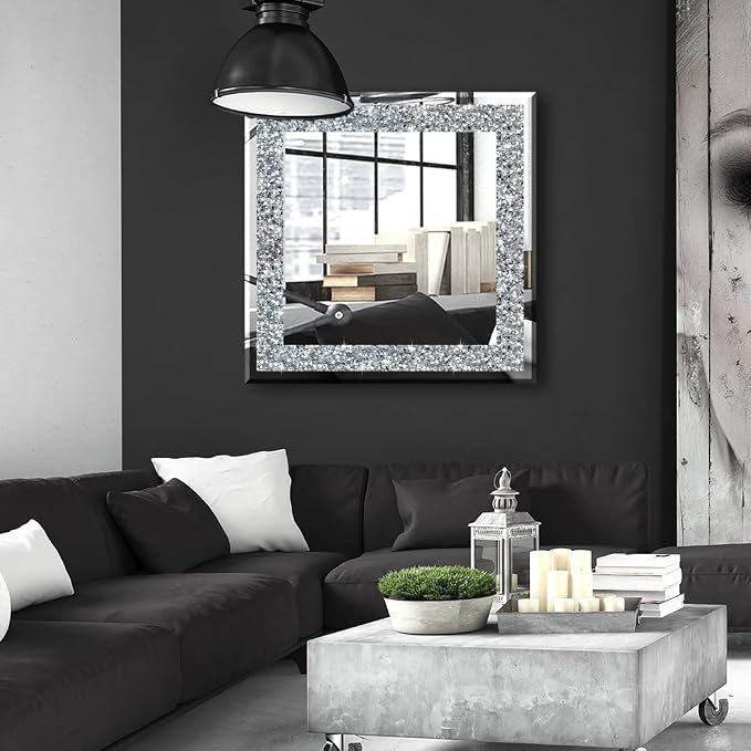 20" Square Crushed Diamond Silver Glass Mirror for Wall Decor | Sparkly Crystal Mirror. High-definition, sturdy wood frame. Perfect glam wall decor for living room, entryway modern home