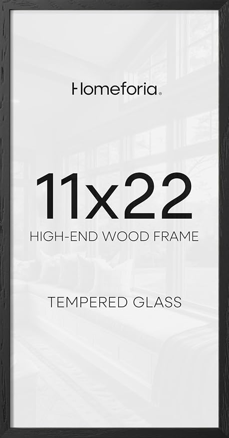 Homeforia 11x22 Black Wood Frame, High End Oak 11 x 22 Newspaper Display Frames without Mat, Wooden 22x11 Thin Picture Frames for Wall, 11 by 22 Black Poster Frames, Tempered Glass, Wall Kit, Set of 1