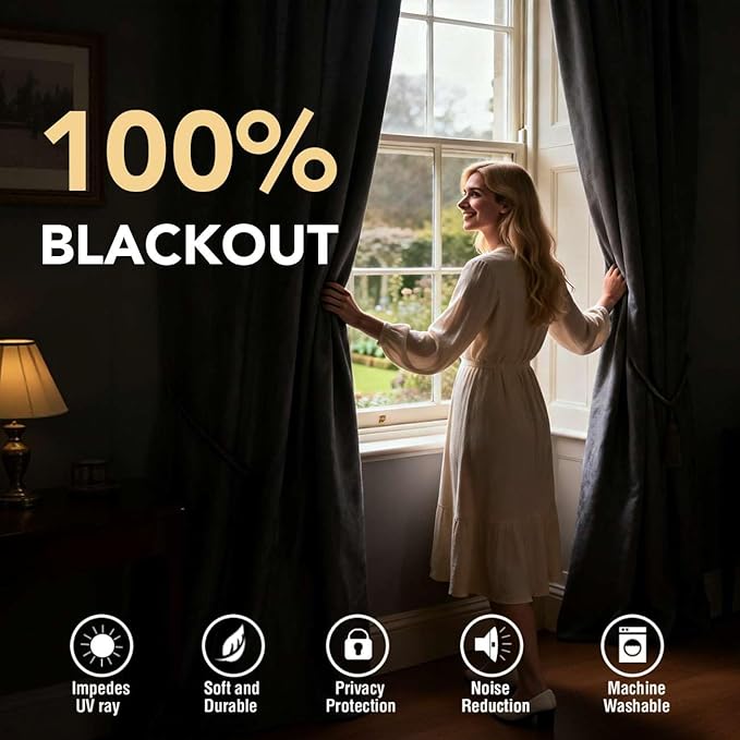 H.VERSAILTEX Linen Look 100% Blackout Curtains 45 Inches Long for Bedroom Full Light Blocking Rod Pocket Linen Textured Thick Window Curtain Drapes with White Backing, Natural, 2 Panels