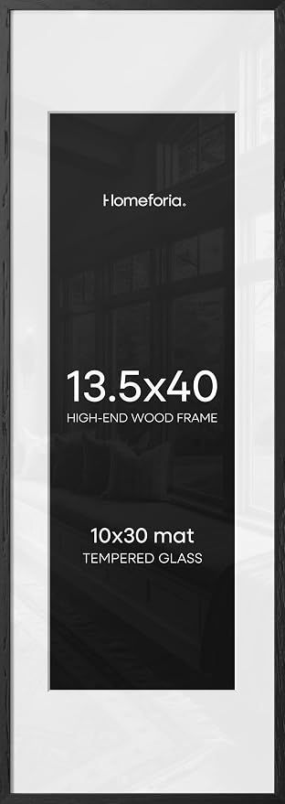 Homeforia 13.5x40 Black Wood Picture Frame, High End Oak 13.5x40 Panoramic Poster Frames with Mat 10x30 Art, 13.5 x 40 Wooden Frame Matted to 10 x 30, 40x13.5 Frame, Tempered Glass, Wall Kit, Set of 1