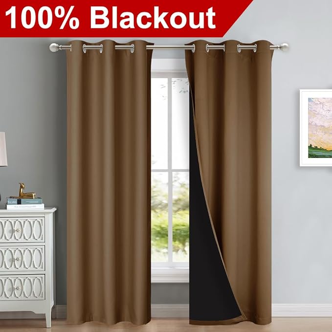 NICETOWN Full Shade Curtain Panels, 37" Wide x 80" Long, Gold Brown, Pair of Thermal Insulated & Energy Efficiency Blackout Drapes for Living Room, Lined Silky Performance Window Dressing