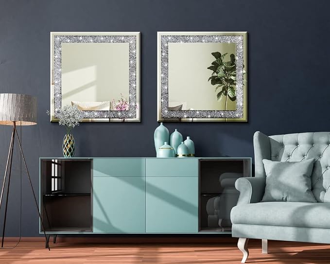 20" Square Crushed Diamond Silver Glass Mirror for Wall Decor | Sparkly Crystal Mirror. High-definition, sturdy wood frame. Perfect glam wall decor for living room, entryway modern home