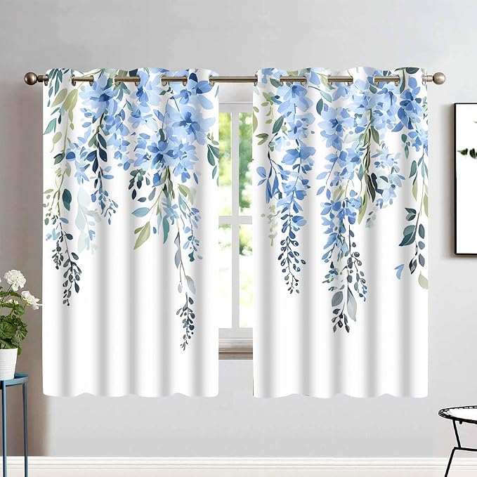 Blue Watercolor Floral Curtains, 52x63 inch, 2 Panels | Botanical Leaves Vine Flowers, Rustic Farmhouse Style, Blackout Window Treatment, For Bedroom Living Room