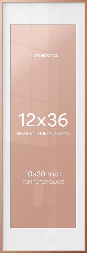 Homeforia 12x36 Rose Gold Picture Frame, High End Metal 12by36 Poster Frames with Mat 10x30 Photo, 12 x 36 Rose Gold Frames Matted to 10 x 30, 36x12 Panoramic Frame, Tempered Glass, Wall Kit, Set of 1
