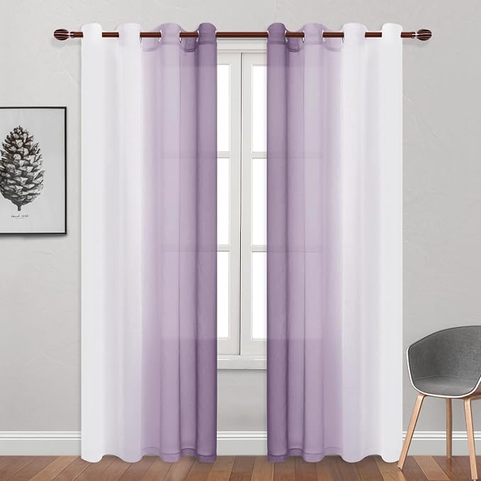 DWCN Ombre Faux Linen Extra Long Sheer Curtains - Semi Voile Gradient Grommet Top Curtains for Bedroom and Living Room, 52 x 102 Inches Long, Set of 2 Window Curtain Panels, Lavender