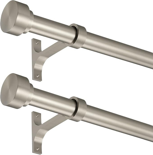 2 Pack Heavy Duty 1 Inch Diameter Single Curtain Rods 72-144” Adjustable Window Curtain Rod with with Cylindrical Cap Finials, Wall Mount and Ceiling Mount, Matte Nickel
