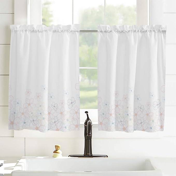 Kitchen Tier Curtains 45 inches Length, Line Cherry Blossom Design Simple Flower Window Curtains for Living Room Bath Cafe,Rod Pocket Light Filtering Drapes Short Half Window Treatment Tiers 2 Panels