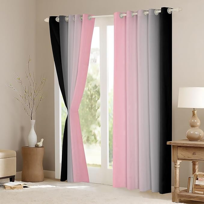 jejeloiu Pink Darkening Drapes (2 Panels, 38 x 54 Inch) Ombre Black Curtains for Bedroom Living Room for Kids Decor Gradient Style Blackout Curtains Abstract Window Treatments