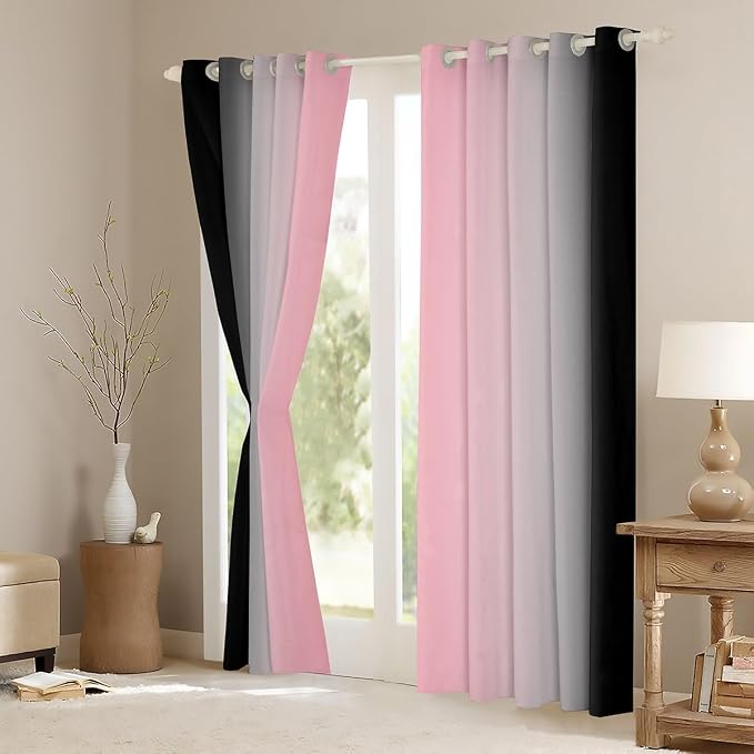 jejeloiu Pink Darkening Drapes (2 Panels, 42 x 84 Inch) Ombre Black Curtains for Bedroom Living Room for Kids Decor Gradient Style Blackout Curtains Abstract Window Treatments