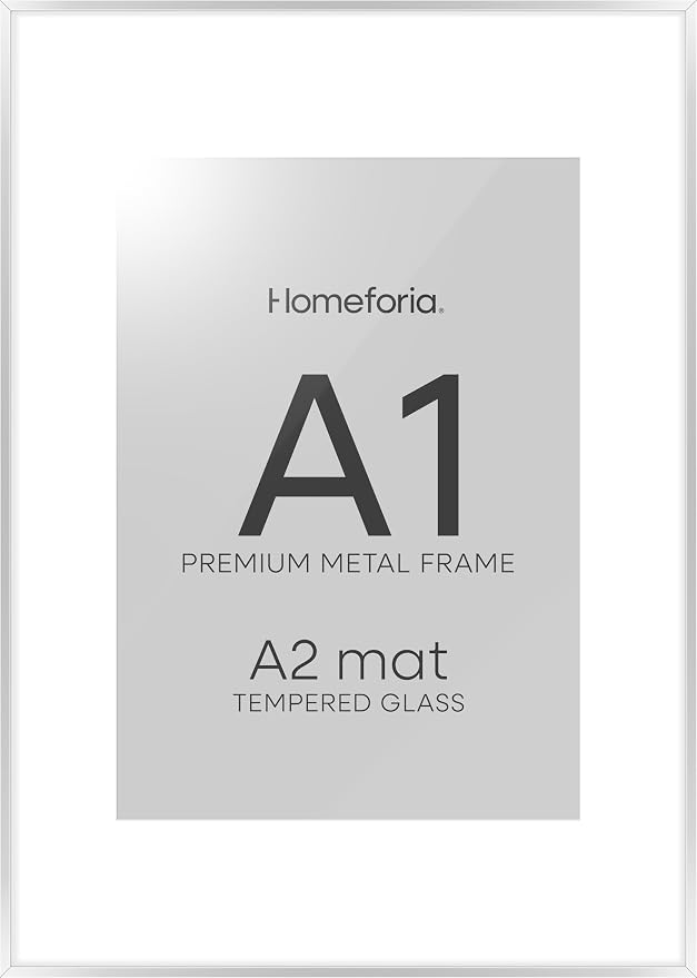 Homeforia A1 Poster Frame Silver, High End Metal A1 Large Picture Frame Silver with Mat A2 for Photo, 23.4x33.1 Frames Matted to 16.5x23.4 Print, 23.4 by 33.1 Frame, Tempered Glass, Wall Kit, Set of 2