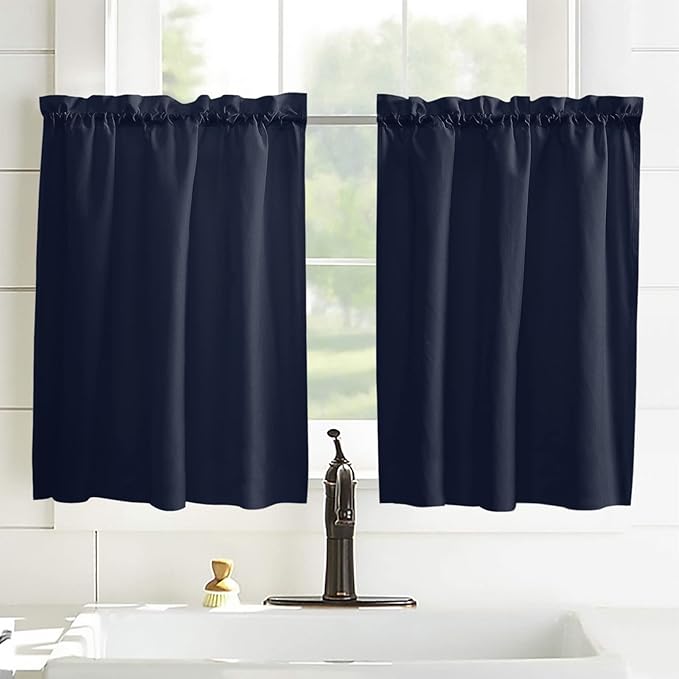 45 Inch Long Tier Curtains for Kitchen, Solid Color Dark Blue Bathroom Window Curtains Rod Pocket Short Curtains Window Treatment Tiers for Living Room Farmhouse 2 Panels