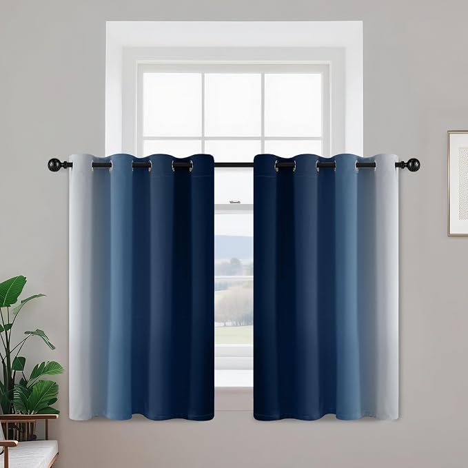 Yakamok Ombre Curtains Blue and Greyish White for Living Room,52Wx36L | Room Darkening Curtains 36,Thermal Insulated Gradient Color Drape,Light Blocking Grommet Window Curtains for Bedroom,2 Panels