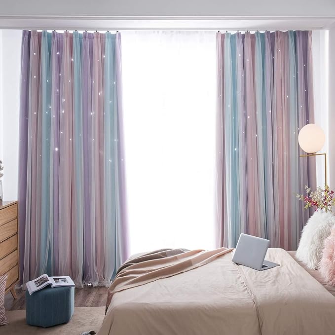 UNISTAR 2 Panels Blackout Curtains for Kids Girls Bedroom Aesthetic Living Room Decor Colorful Double Layer Star Cut Out Stripe Pink Rainbow Window Wall Home Decoration,W52 x L63 Inches
