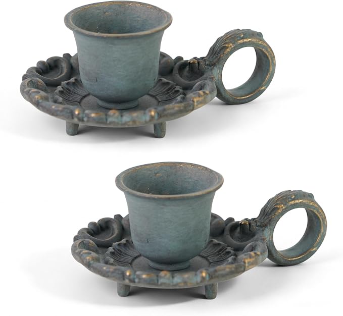 NIKKY HOME Vintage Taper Candle Holders Set of 2, Small Candlestick Stand | Decorative Handled Rustic Blue Metal Candle Stick Holders, Elegant Table Decor for Centerpieces, Weddings, Dinners, Mantels