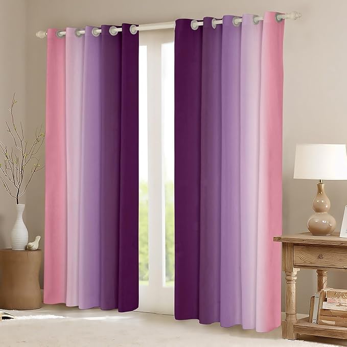 jejeloiu Purple Darkening Drapes (2 Panels, 42 x 63 Inch) Ombre Pink Curtains for Bedroom Living Room for Kids Decor Gradient Style Blackout Curtains Abstract Window Treatments