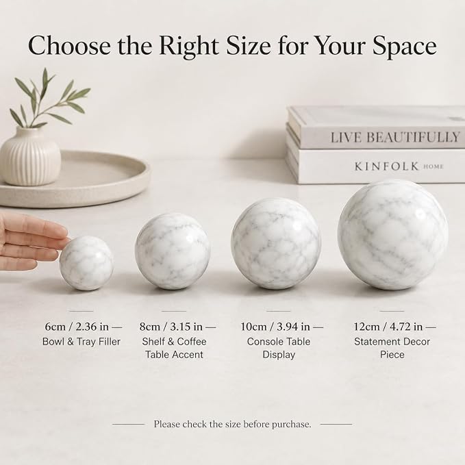 White Marble Decorative Sphere, 8cm Natural Stone Orb | 3.15 in Stone Decor Balls for Coffee Table, Decorative Bowl, Entryway and Console Table Styling