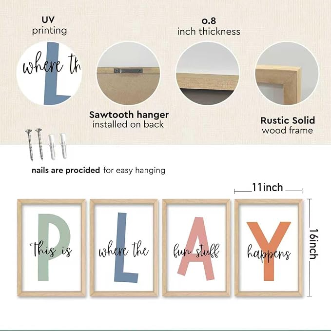 This Is Where Fun Stuff Happens Kids Playroom Wall Decor PLAY Quote Art | Motivational Prints for Nursery, Natural Wood Frame, Set of 4, 11x16 Inches , Let's Play Sign for Toddler Boys, Ready to Hang