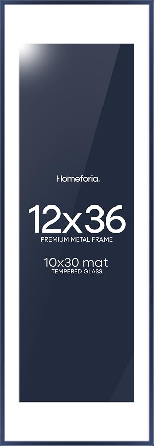 Homeforia 12x36 Navy Blue Picture Frame, High End Metal 12by36 Poster Frames with Mat 10x30 Photo, 12 x 36 Navy Blue Frames Matted to 10 x 30, 36x12 Panoramic Frame, Tempered Glass, Wall Kit, Set of 1