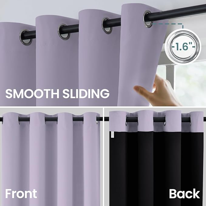 COSVIYA 100% Blackout Curtains for Bedroom with Black Liner, Full Light Blocking Thermal Insulated Grommet Window Treatment 96 Inches Length, Lilac, 2 Panels