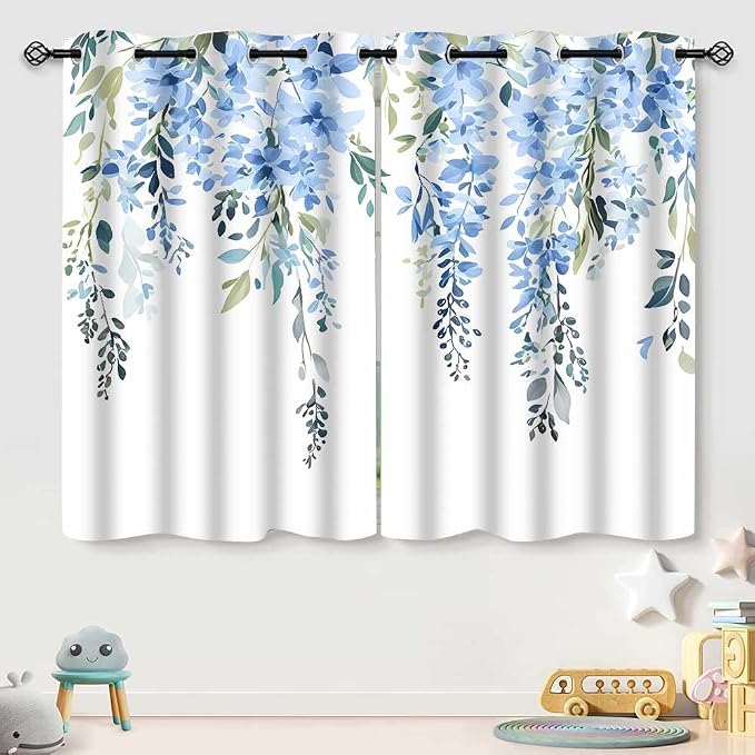 Blue Watercolor Floral Curtains, 52x63 inch, 2 Panels | Botanical Leaves Vine Flowers, Rustic Farmhouse Style, Blackout Window Treatment, For Bedroom Living Room