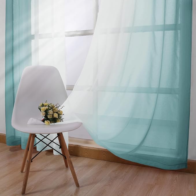 DWCN Ombre Short Sheer Curtains - Faux Linen Semi Voile Gradient Light-Filtering Bedroom and Living Room Curtains, Set of 2 Grommet Top Window Drape Panels, 42 x 45 Inch Length, Peacock Blue