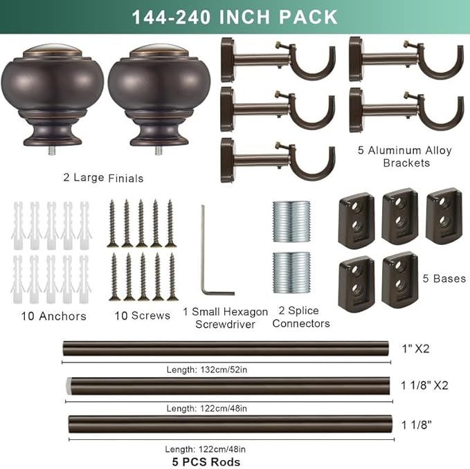 1 1/8 Inch Heavy Duty Curtain Rods, Extra Long Curtain Rod for Window 144-240 Inch(12-20ft), Telescoping Drapery Rods with Classic Finials and Adjustable Aluminum Alloy Brackets, Antique Brown