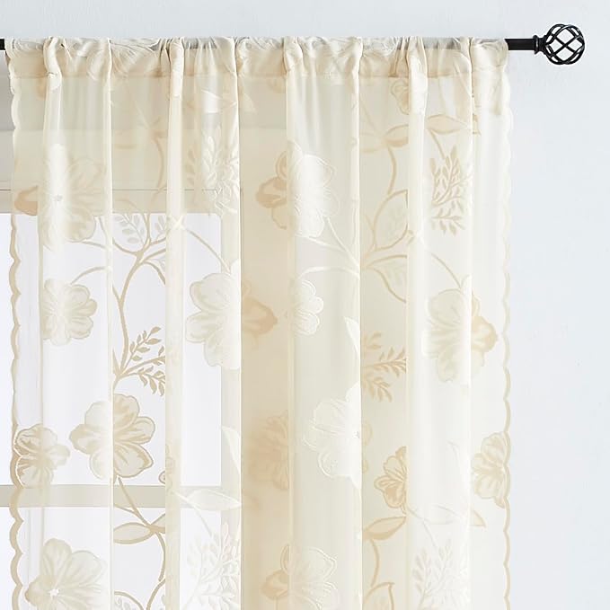 Treatmentex Beige Lace Curtains 63inch Rose Floral and Leaf Sheer Window Curtains for Living-Room Bedroom Vintage Leaf Knitted Lace Sheer Curtain Panels Ivory, 54" w 2pcs Rod Pocket