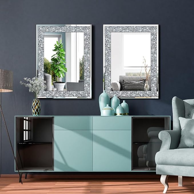 QMDECOR Crystal Crush Diamond Rectangle Silver Mirror for Wall Decoration 20x28inch Wall Hang Frameless Mirror Glass Diamond Decor.