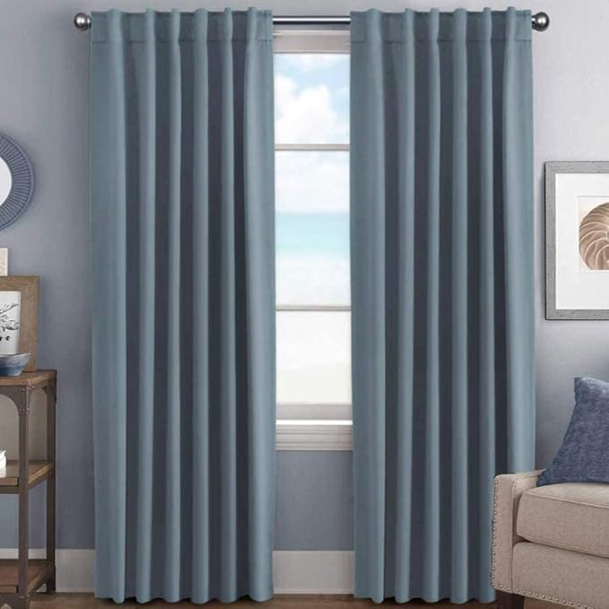 H.VERSAILTEX Blue Back Tab Blackout Curtains 90 Inch Long for Living Room, Rod Pocket Room Darkening Thermal Insulated Black Out Curtains, 52 x 90 Inch, Stone Blue, 2 Panels