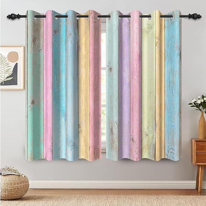 Colorful Wooden Planks Kitchen Curtains Vintage Farm Style Rustic Wood Barn Door Window Curtains Wood Boards Room Darkening Window Drapes for Living Room Bedroom Decor,53x63 inch,2 Panels