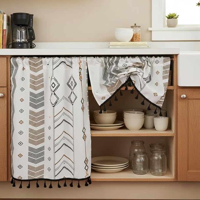 ColorBird Kitchen Window Curtains Over Sink Valance Short Boho Oven Curtain Basement Window Topper Light Filtering Rod Pocket 1 Panel for Cabinet RV (59" W x 18" L, Geometric)