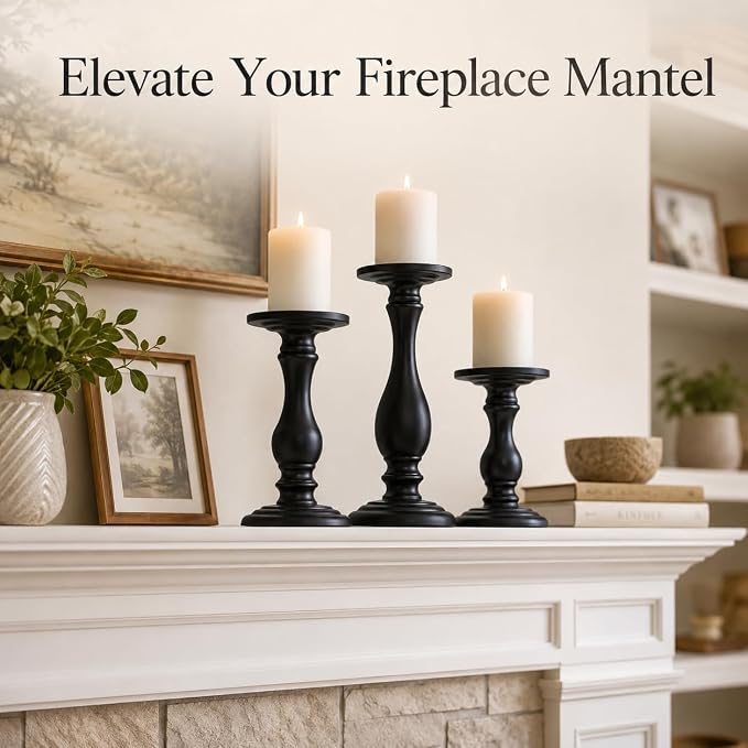Matte Black Pillar Candle Holders Set of 3, 6/8/10 Inch Metal Stands for 3 or 4 Inch Pillars, Fireplace Mantel Table Centerpiece, Rustic Farmhouse Wedding Decor