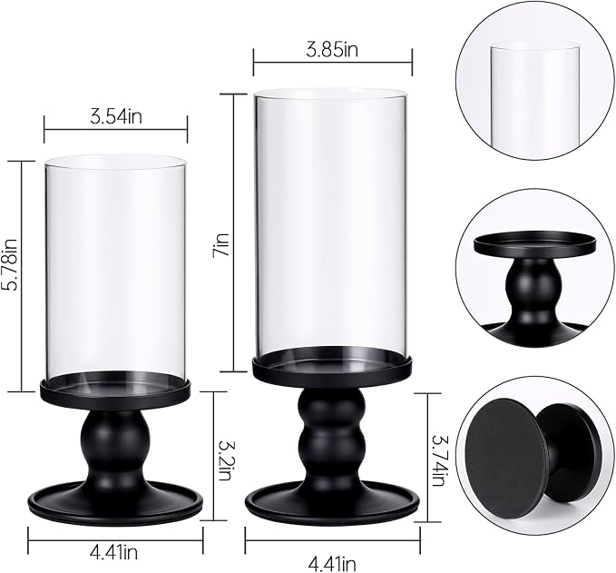 NITIME 4Pcs Hurricane Candle Holder for Pillar Candles, Black Candle Holders with Clear Glass Sleeve for Table Centerpieces,Pillar Candle Holders for Home Decor, Wedding, Holiday and Party Decor