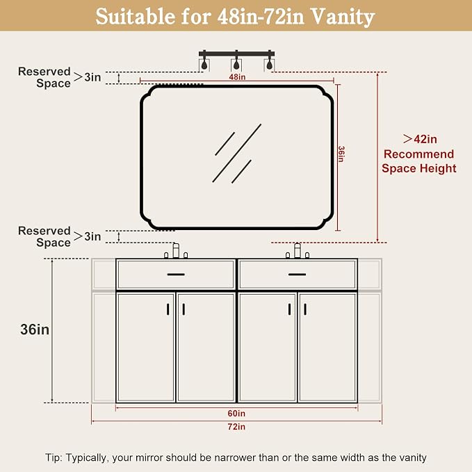 WallBeyond 36" x 48" Wood Bathroom Mirror for Wall Mounted, Rustic Rounded Corner Wood Frame Wall Mirror for Entryway, Living Room or Bedroom Home Decorative, Natural