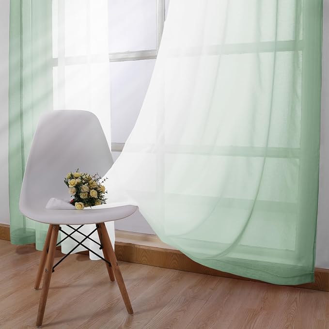 DWCN Light Sage Faux Linen Ombre Sheer Curtains - 63 inches Long Gradient Semi Voile Curtains for Bedroom and Living Room, Set of 2 Grommet Top Window Curtain Panels, W52 x L63 Inches, Sage Green