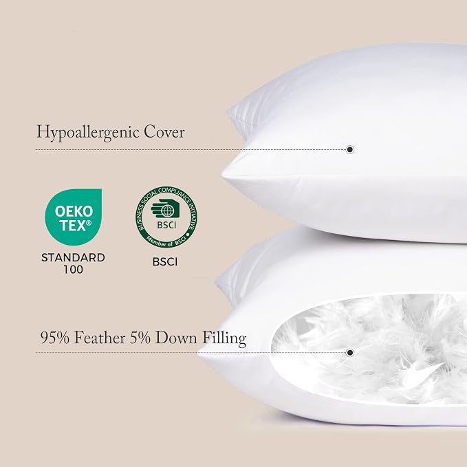 puredown® Feather Down Pillow Inserts, 20x26 Indoor Decorative Pillow Inserts for Bed, Sofa and Couch, Set of 2, Standard Size