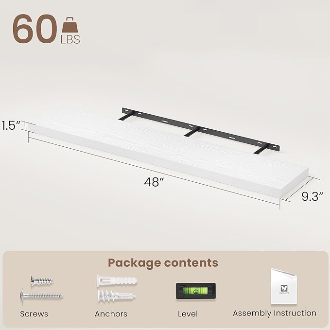 Vivelove White Floating Shelves 48 Inches Long, Wall Display Shelves with Invisible Brackets, for Bathroom Living Room Kitchen Bedroom Office Farmhouse Home Decor, 48x9.3X 1.5 - Set of 2, White