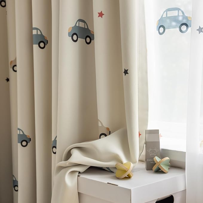 Cartoon Car Pattern Printed Semi Blackout Curtains for Bedroom Living Room | Cute Car Room Darkening Privacy Drapes for Playrooms Light Blocking Window Tratement Grommet Top 1 Panel W42 L84 Inch