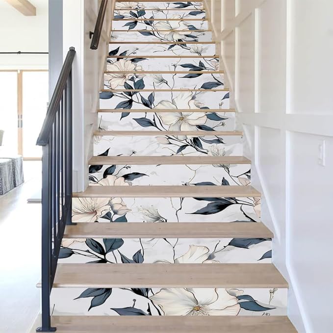 REDAMANCY Abstract White Marble Floral Dark Navy Leaf Vintage Peel and Stick Vinyl Stair Riser Decals Staircase Tile Stickers Decor Modern Marble Decoration Self-Adhesive(14 Pcs)