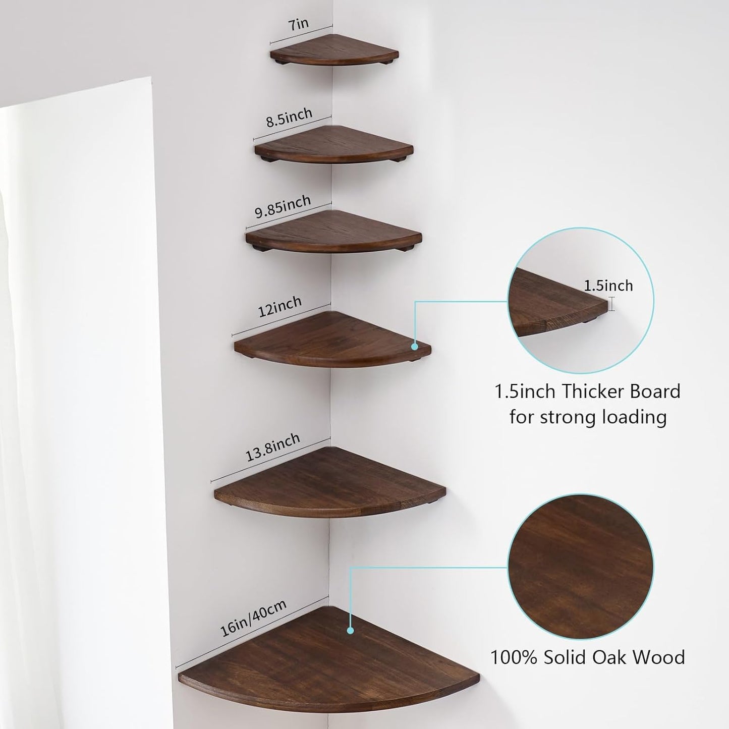 Corner Shelf,16inch Walnut Solid Wood Floating Corner Shelves Wall Mount Round End Floating Speaker Rack with Wire Hole for Small Plant for Bedroom Kitchen, Living Room