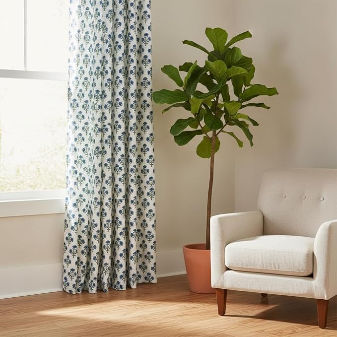 ATOSII 100% Cotton Single Panel Block Print Curtain, Easy Hanging with Rod Pocket & Loop, Living Room, Dining Room, Bedroom Light Filtering Boho Curtains, Set of 1, 60" W X 108" L, Gulbahar Blue
