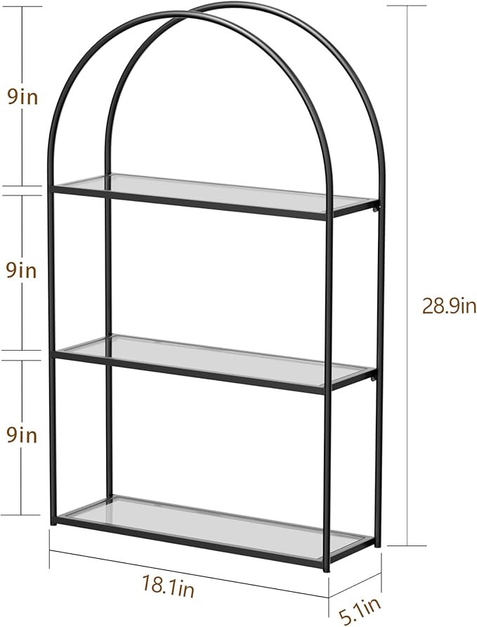 Crofy 3-Tier Arched Wall Shelf with Black Frame & Transparent Shelves | Sturdy Tempered Clear Glass Shelves with Ample Storage Space; Decor for Living Room, Bath, Kitchen, Vanity & Home Office