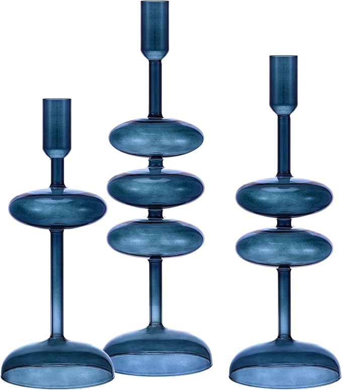 LemonRoad Glass Taper Candle Holders Set of 3, Bubble Candlestick Holders for Table Centerpiece, Elegant Wavy Stacked Geometric Candleholders for Wedding, Dinner, Party, Home Decor(Deep Blue)