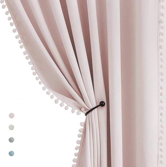 Treatmentex Pink Pom Poms Blackout-Curtains 95 inch Bedroom Window Curtains for Living Room Triple Weave Half Blackout Window Curtains for Hotel Guest Room Drapes 52" w x2 Panels Rod Pocket