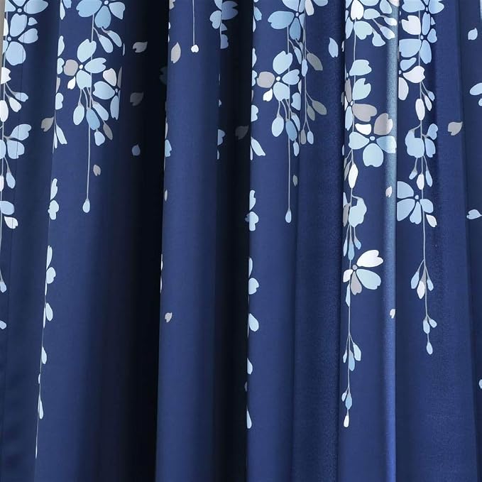 Lush Decor Weeping Flower Light Filtering Window Curtain Panels, Pair, 52"W x 95"L + 2" Header, Navy - Charming Modern Floral Curtains for Living Room, Dining Room, & Bedroom