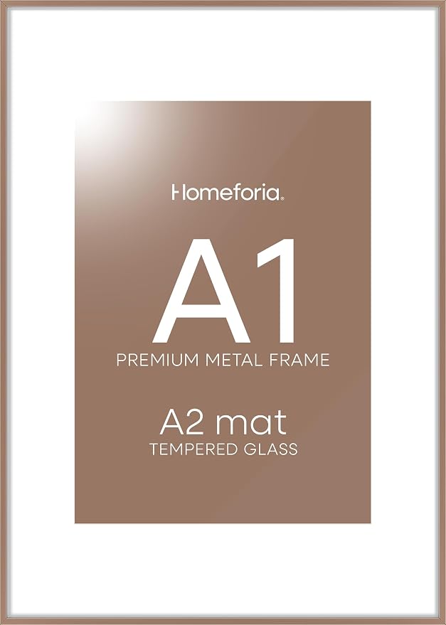 Homeforia A1 Poster Frame Mocha, High End Metal 23.4 x 33.1 inch Large Picture Frames with Mat 16.5 by 23.4 for Photo, A1 Size Frames Matted to A2 Print, 23.4x33.1 Thin Frame, Tempered Glass, Set of 1
