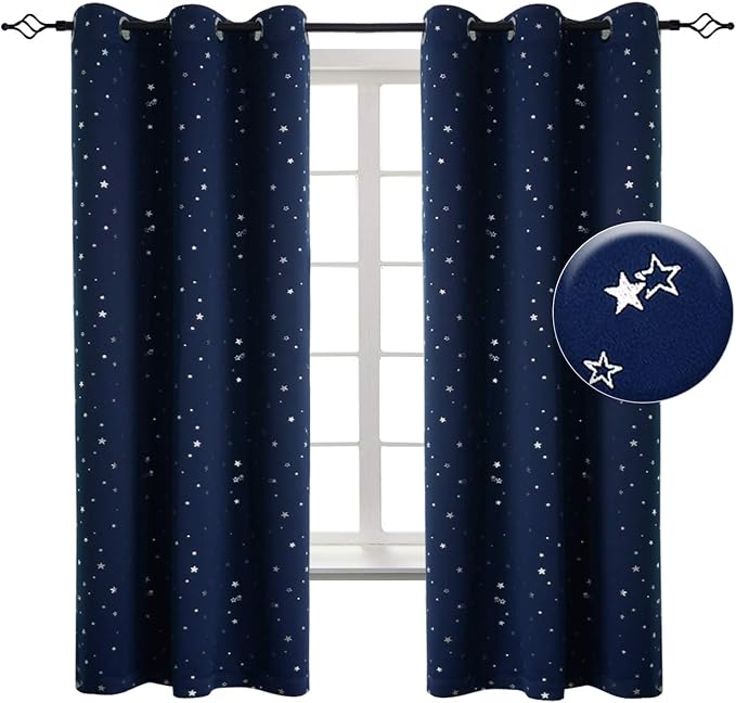 BGment Kids Blackout Curtains for Bedroom - Grommet Thermal Insulated Silver Star Print Room Darkening Curtains for Living Room, Set of 2 Panels (38 x 54 Inch, Navy Blue)