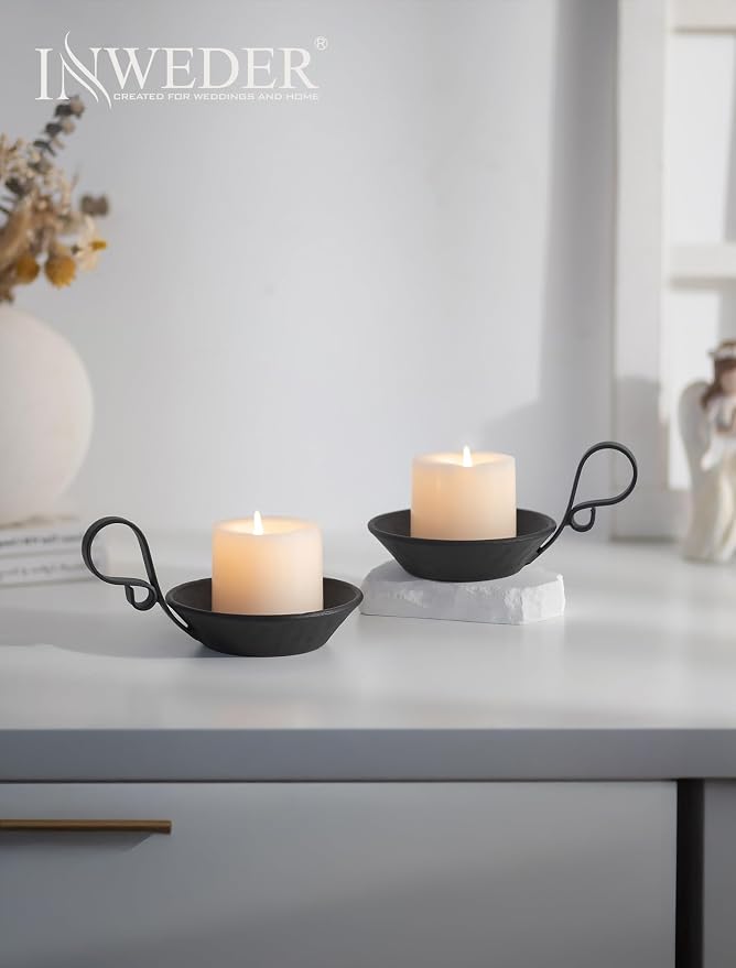 Iron Pillar Candle Holder: Vintage Black Candle Plate with Handle | Heavy Cast Iron, With Safety Spike for 3.3" Pillar, Gothic Decorative Stand for Halloween, Dining Table, Christmas, Set of 1
