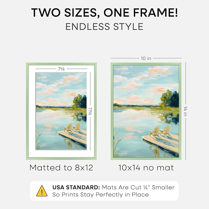 Homeforia 10x14 Picture Frame Sage Green, High End Metal 10x14 Wall Hanging Frame with Mat 8x12, 10 x 14 Poster Frame Matted to 8 x 12 inch Photo, 10by14 Thin Frame, Tempered Glass, Wall Kit, Set of 1